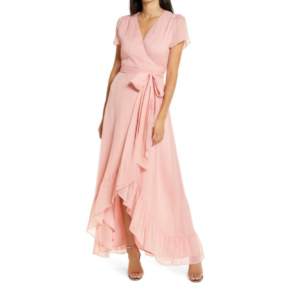 WAYF The Natasha Metallic Chiffon Wrap Ruffle Hem Short Sleeve Gown Dress Small